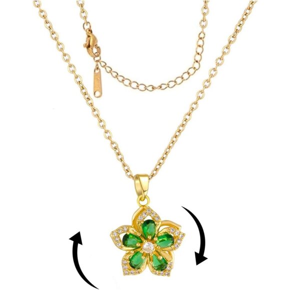 Women Gold Flower Fidget Green Necklace Rotatable Crystal Blossom Pendant - Picture 1 of 7